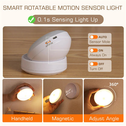 360 Rotated PIR Motion Sensor LED Night Light Wall Lamps Rechargeable  Under Cabinet Light Wireless Closet Night Lamp